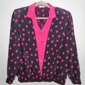 Vintage Tan Jay Large Hot Pink & Black Polka Dot Long Sleeve Retro Blouse